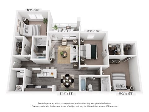 Floor plan for 3 beds, 2 baths, 1316 sqft